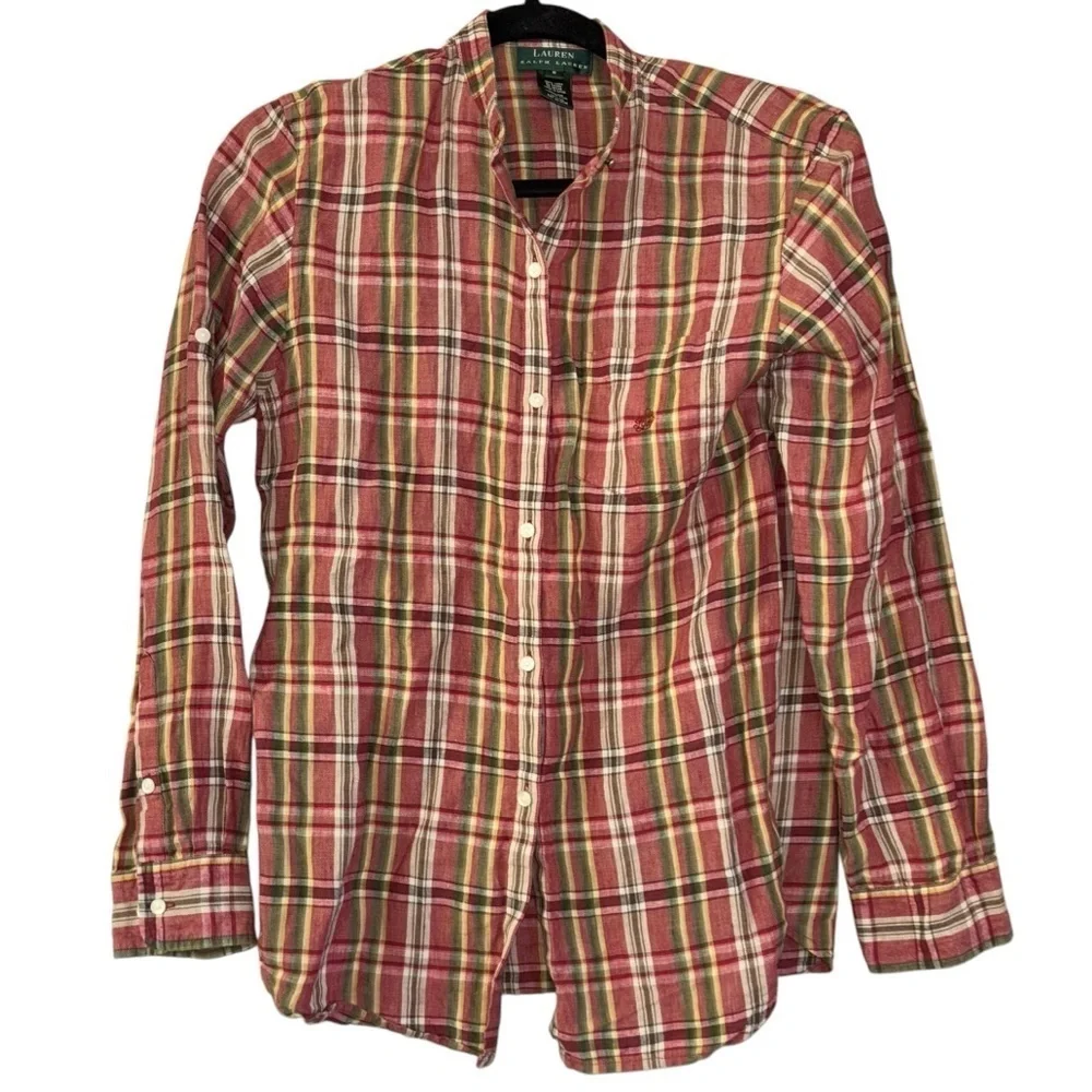 Lauren Ralph Lauren 100% Linen Plaid Collarless Button Down Blouse Women’s S